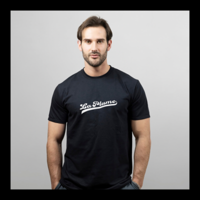 T-shirt noir Unisexe - lettrage La Plume Baseball en blanc